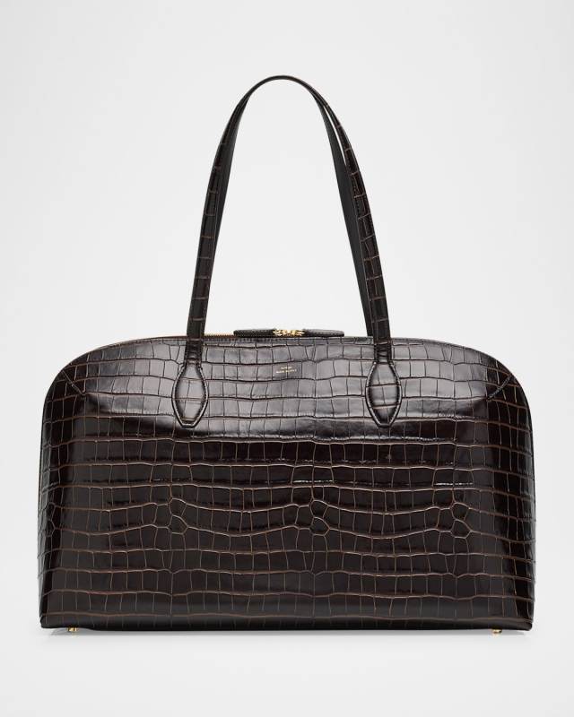 Curved Croc-Embossed Leather Day Tote Bag